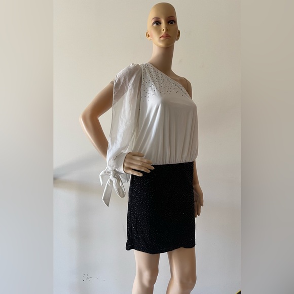 Black and White One Shoulder Ruffle Midi Pencil Dress - Picture 3 of 13